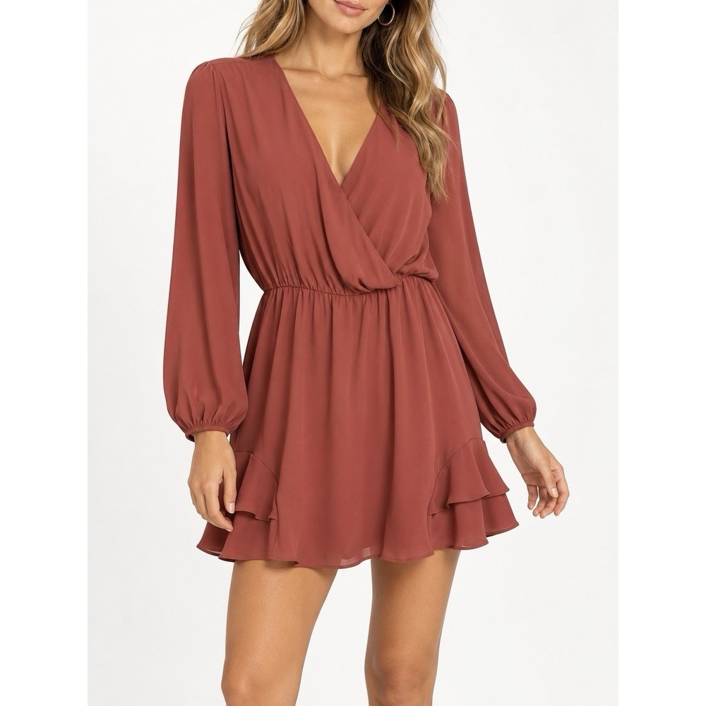 Krisa Double Ruffle Mini Dress Faux Wrap Chiffon Rust Red Size M Made USA NWT